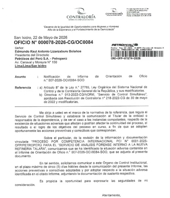 Official letter sent by the Comptroller to the president of Petro-Perú, Edmundo Lizarzaburu.