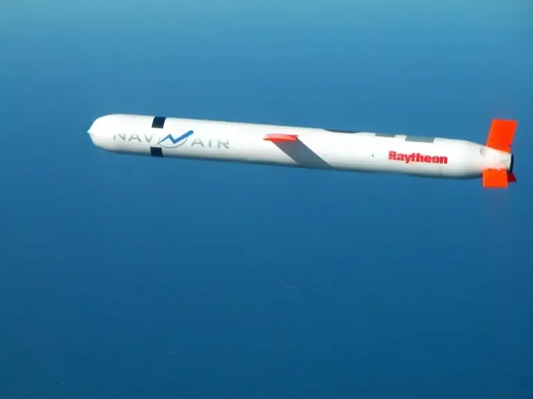 A Tomahawk tactical cruise missile during a controlled flight test in Southern California, United States. (Photo by US NAVY / AFP).