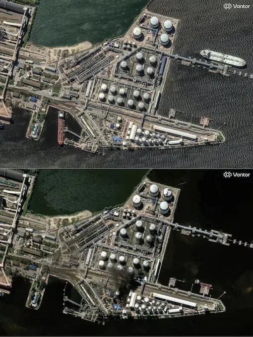 Satellite images before and after Ukraine's attack on the St. Petersburg oil terminal, in northwestern Russia. (Satellite image ©2026 Vantor / AFP).