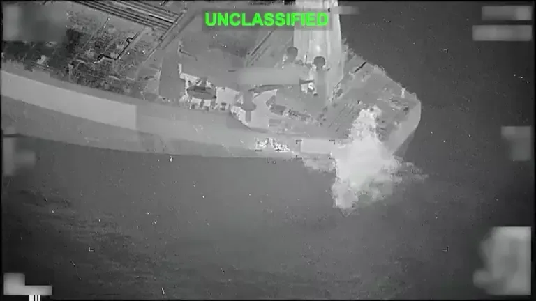 This screenshot, taken on June 3, 2026, from a video distributed by the US Central Command, shows a missile attack on the M/T Lexie, an empty tanker flying the flag of Botswana. (AFP).
