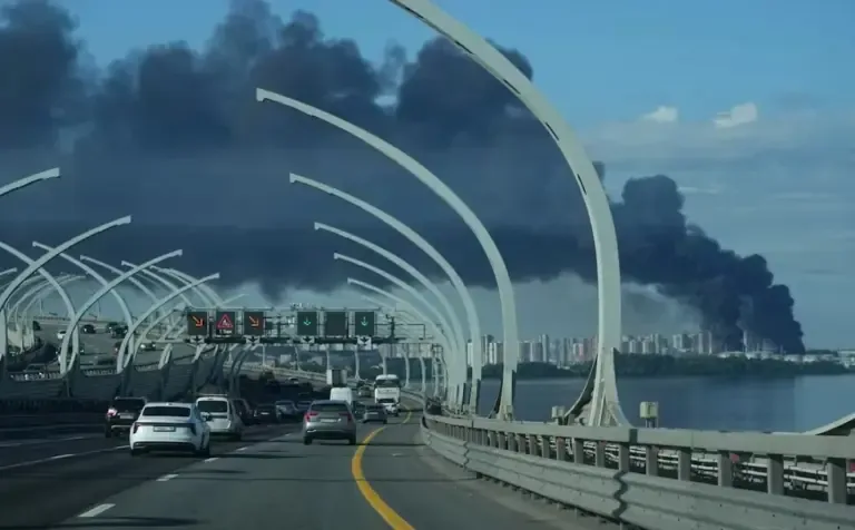 A column of black smoke is observed over the port of St. Petersburg, Russia, on Wednesday, June 3, 2026, after a Ukrainian drone attack. (Photo: AP).