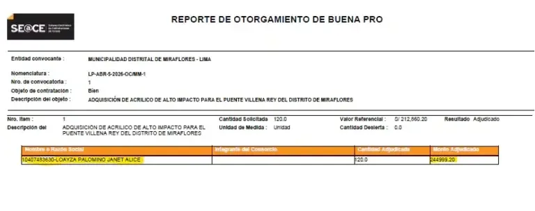 Report on the awarding of the contract.