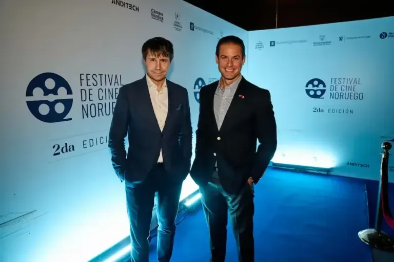 Per Anders Nilsen, Ambassador of Norway, and Matthias Stimman, Consul General of Norway, attend the second edition of the Norwegian Film Festival at the Municipal Theater of Surco.