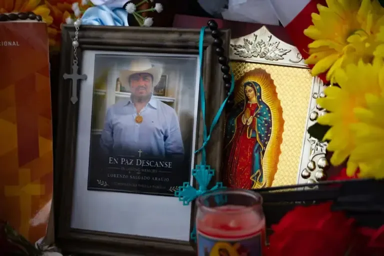 Photograph showing an image of Mexican migrant Lorenzo Salgado on an altar in his honor at the site where he was killed in Houston, Texas, United States. (EFE/ Carlos Ramírez).