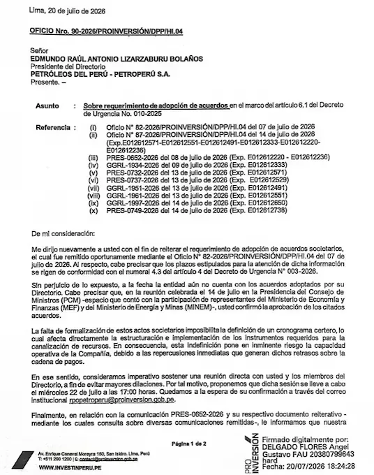 Misiva enviada por ProInversión a la presidencia de Petro-Perú.