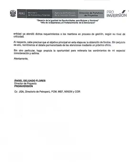 Misiva enviada por ProInversión a la presidencia de Petro-Perú.