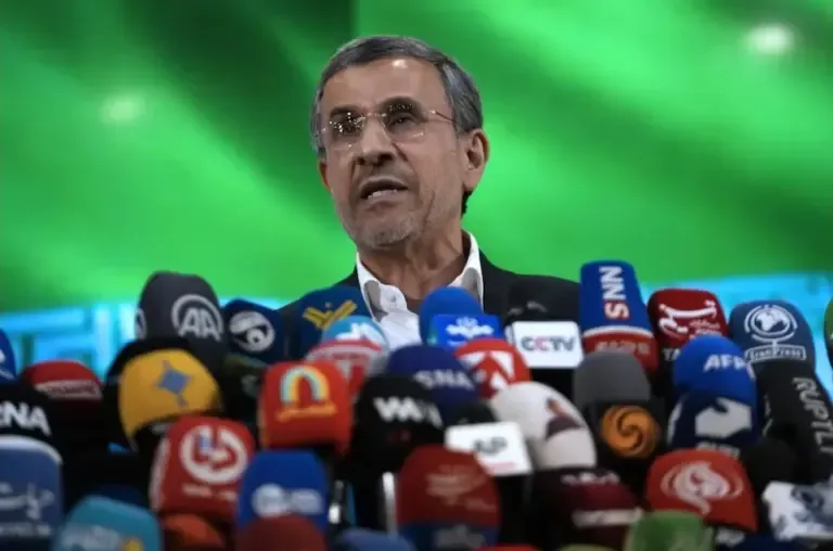 Former Iranian President Mahmoud Ahmadinejad holds a press conference on Sunday, June 2, 2024. (AP Photo/Vahid Salemi).