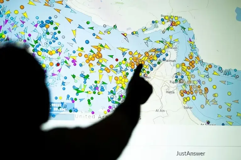 A photographic illustration shows a person in front of a large screen displaying ship movements in the Strait of Hormuz through a maritime tracking website. Photo: AFP