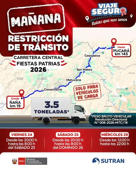 Traffic restriction for cargo vehicles on the Carretera Central for Fiestas Patrias 2026. (Image: Facebook release - SUTRAN).