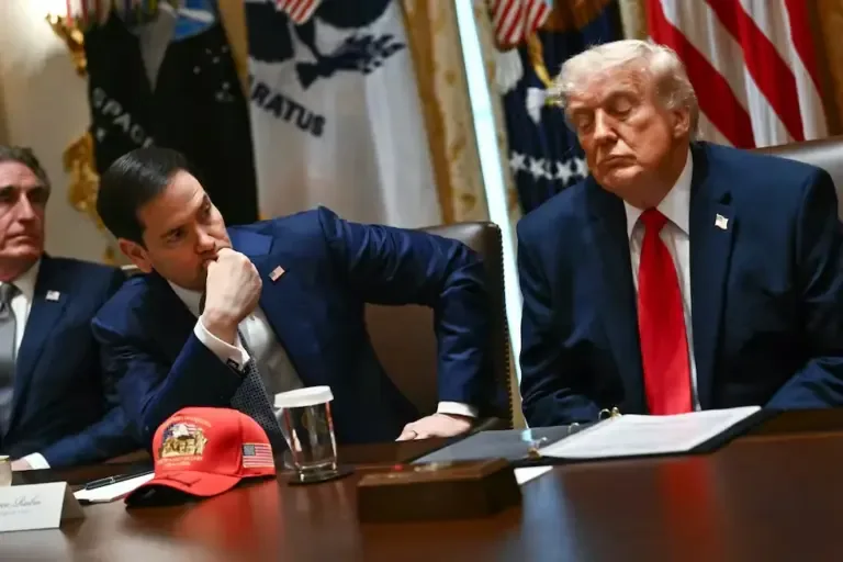El secretario de Estado de Estados Unidos, Marco Rubio, y el presidente de Estados Unidos, Donald Trump, durante una reunión de gabinete en la Casa Blanca, el 27 de mayo de 2026. (Foto de Kent NISHIMURA / AFP).