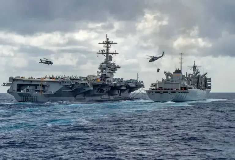 This photo distributed by the U.S. Navy on May 8, 2019, shows the Nimitz-class aircraft carrier USS Abraham Lincoln conducting a replenishment at sea. (AFP).