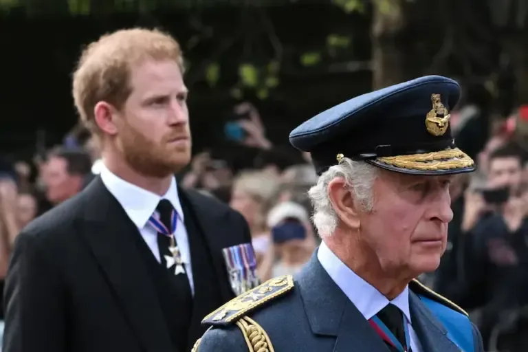 King Charles III and Prince Harry, Duke of Sussex, walk behind Queen Elizabeth II's coffin on September 14, 2022. (Photo by LOIC VENANCE / AFP).