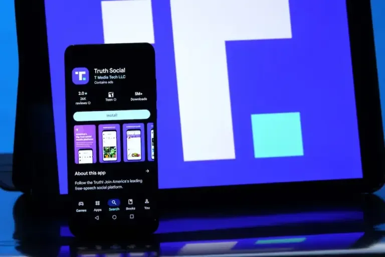 The logo of the Truth Social social media platform, a US company owned by Trump Media & Technology Group, displayed on mobile devices. (Photo by Mike Campbell/NurPhoto via AFP).