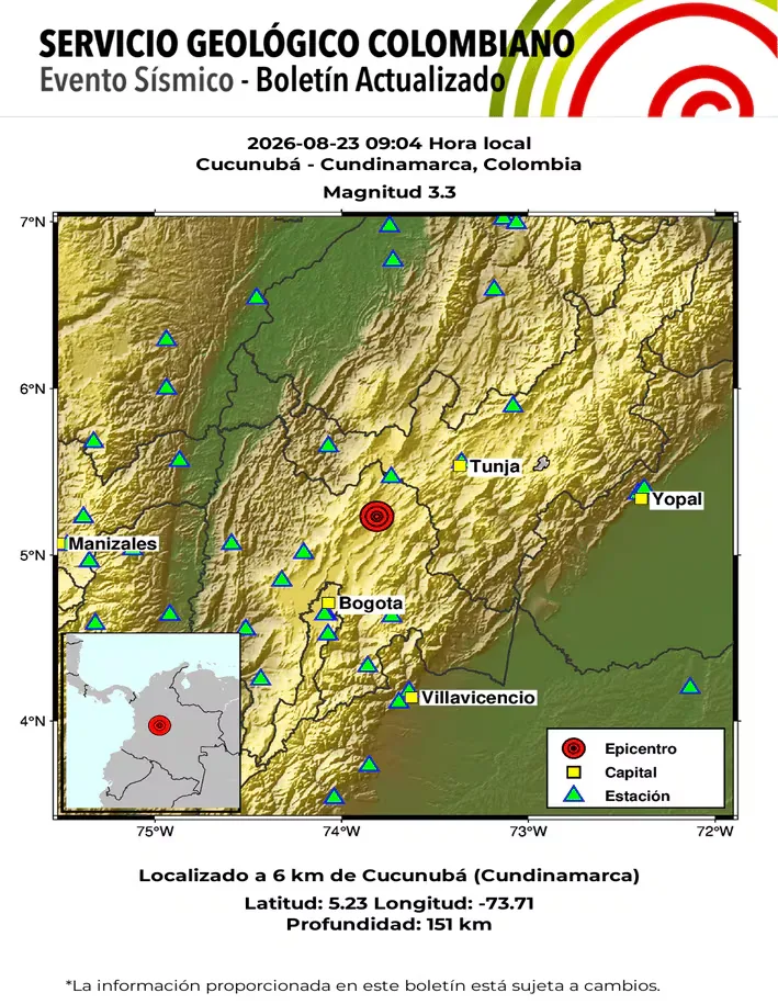 Information about the earthquake in Cucunubá - Cundinamarca, Colombia reported at 9:04 local time.