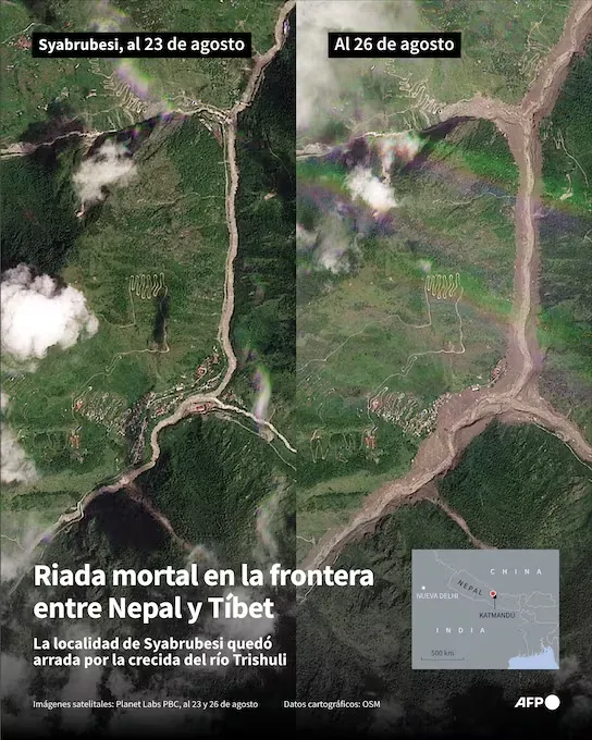 The town of Syabrubesi, Nepal, devastated by the avalanche. Image before, August 23, and after, August 26. (Infographic by Valentin RAKOVSKY and Sabrina BLANCHARD / AFP).