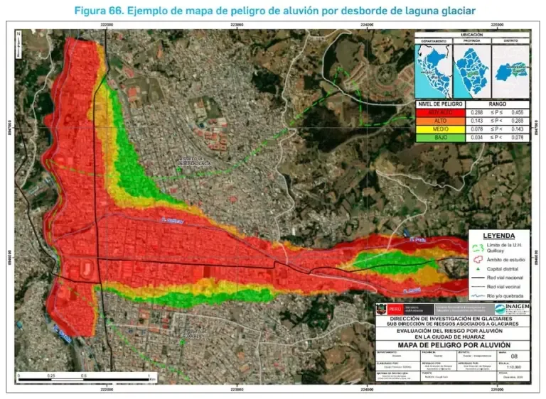 Figure 66. Example of a flood hazard map due to glacial lagoon overflow. (Chart: National Assessment of Glacial Lagoons at Risk of Overflow 2024 / INAIGEM).