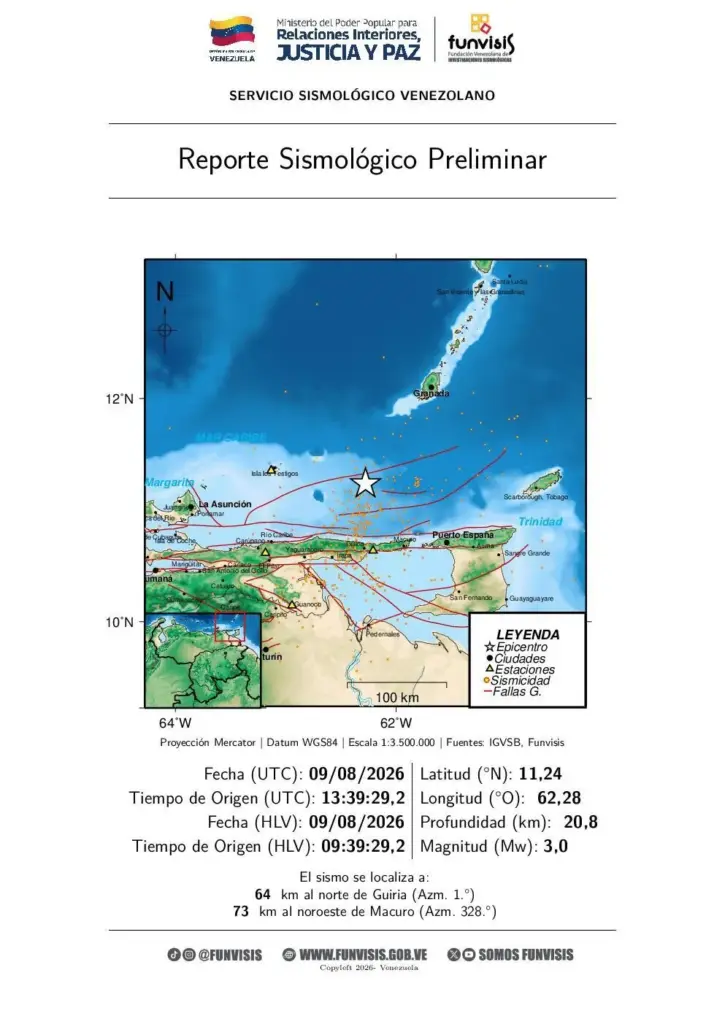 Report of the earthquake 64 km north of Guiria.