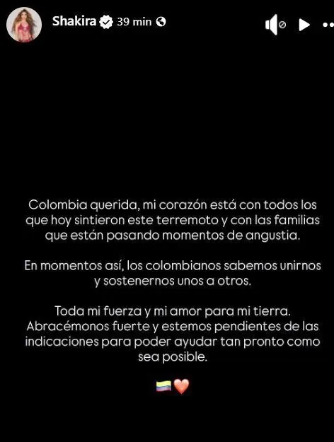 Shakira dedicates powerful message to Colombia after strong earthquake: “My heart is with everyone”
