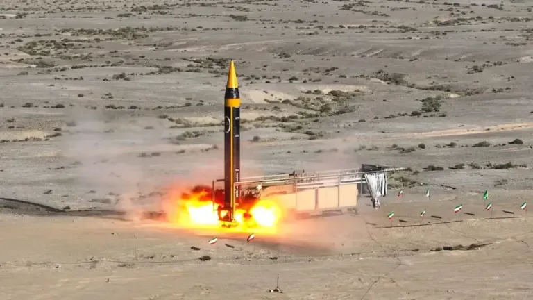A photo from May 25, 2023, shows tests of the fourth-generation Khorramshahr ballistic missile, called Khaibar, at an undisclosed location in Iran. (Photo from the Iranian Ministry of Defense / AFP).