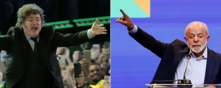 Argentine president Javier Milei (left) during the launch of Flavio Bolsonaro's candidacy in São Paulo on July 25, 2026. And Brazilian president Lula da Silva. (Photos by Nelson ALMEIDA and Sergio Lima / AFP).