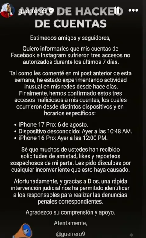 Paolo Guerrero claims his Facebook and Instagram were hacked after following and reposting a post from his ex-partner Alondra García Miró.
