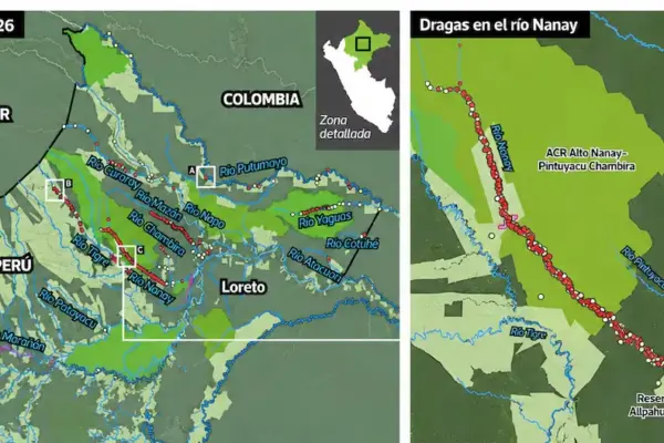 Alarm in Loreto: satellite images show the advance of mining dredges in the Amazon