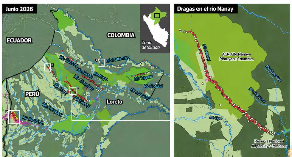 Alarm in Loreto: satellite images show the advance of mining dredges in the Amazon