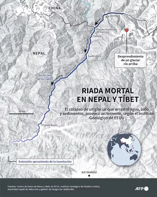 Map of the avalanche area between Nepal and Tibet (Infographic by Nicholas SHEARMAN / AFP).