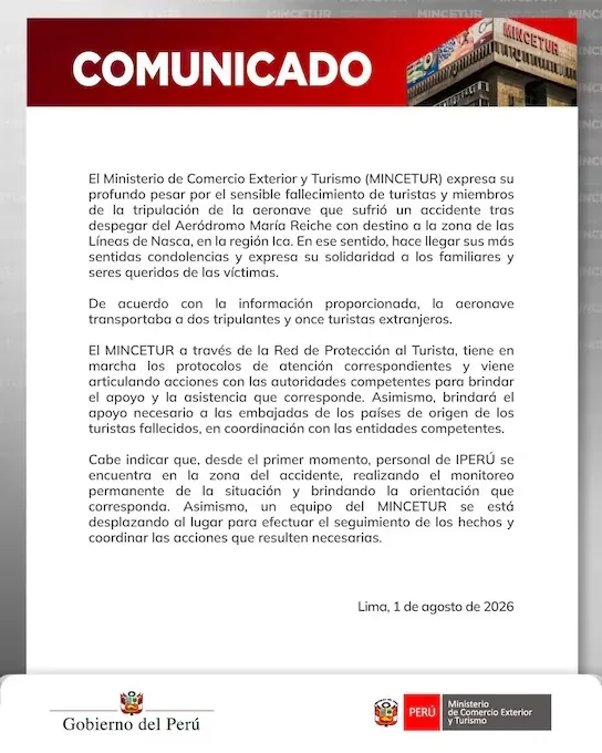 Statement from the Ministry of Foreign Trade and Tourism (Mincetur).