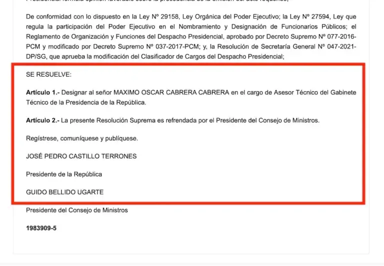 Cabrera fue designado como asesor de confianza en el gabinete presidencial de Pedro Castillo.