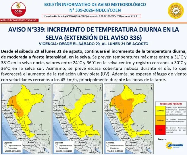 INDECI informó que desl 29 al 31 de agosto se registrará incremento de la temperatura diurna en la selva, de moderada a fuerte intensidad.