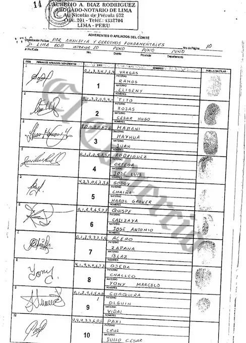 La afiliación de Tito al Movadef aparece en la segunda casilla