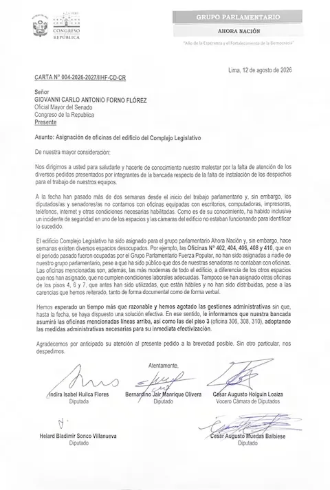 Letter from Ahora Nación deputies to Chief Officer Giovanni Forno.