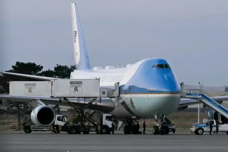 This photograph shows a VC-25A Air Force One parked on the tarmac before the departure of U.S. President Donald Trump from Ankara airport, Turkey, on July 8, 2026. (Photo by SAUL LOEB / AFP).