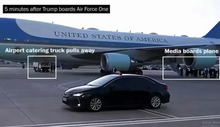 A catering truck next to Air Force One, while journalists board the plane minutes after President Donald Trump boarded, July 8, 2026. (Video capture from The Washington Post).