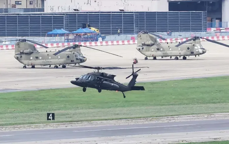 A U.S. Army UH-60 Black Hawk helicopter flies over Camp Humphreys in Pyeongtaek on August 17, 2026. (Photo by YONHAP / AFP).