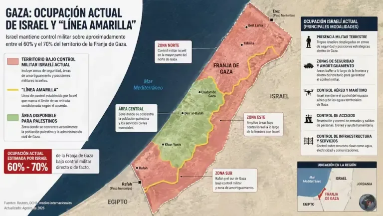 La ocupación israelí de la franja de Gaza. (imagen generada con IA, Chatgpt).