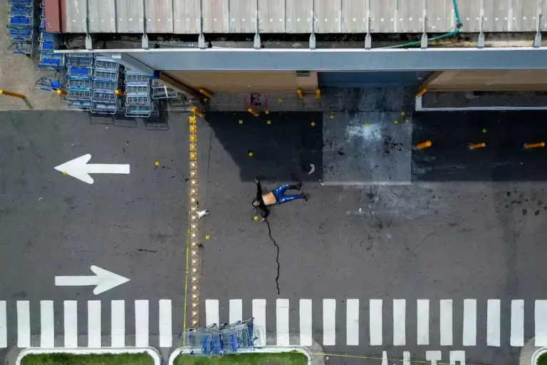 The body of a man lies in the parking lot of a store in the Montebello neighborhood, in Culiacán, Sinaloa state, on September 12, 2024. (Photo by Ivan MEDINA / AFP).