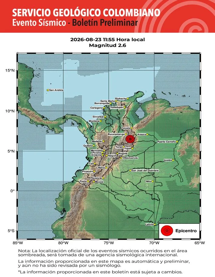 Information about the earthquake in Aratoca - Santander reported at 11:55 local time.