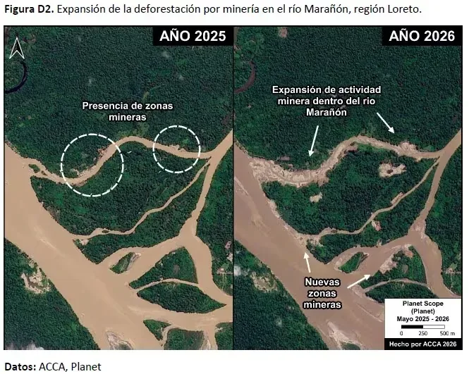 Alarm in Loreto: satellite images show the advance of mining dredges in the Amazon