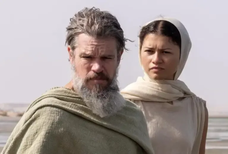 Matt Damon as Odysseus and Zendaya as Athena in a scene from the movie