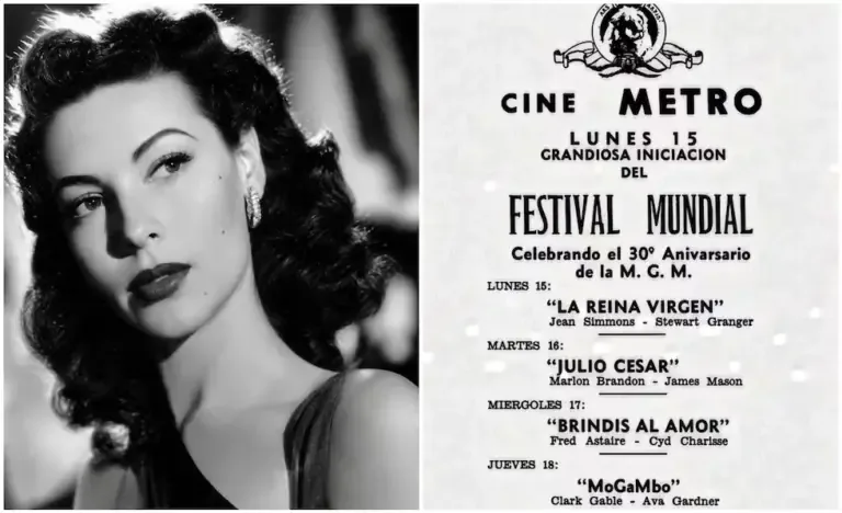 Ava en retrato de abril de 1953 en El Comercio, junto al programa de la MGM, que anunciaba el estreno en el Perú de 'Mogambo', el 18 de febrero de 1954. (Foto: Archivo Histórico de El Comercio, mejorada con IA)