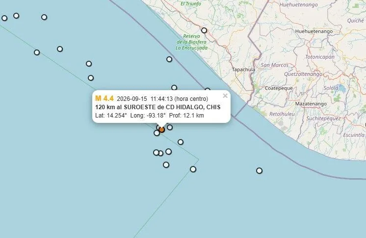 Geographical reference of the earthquake 120 km to the SOUTHWEST of CD HIDALGO.