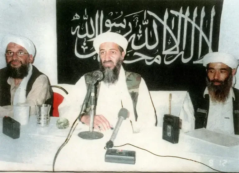 The Al Qaeda leadership: Osama Bin Laden (center), Ayman Al Zawahiri (left), and Muhammad Atef at an unknown place and date. (AFP PHOTO).