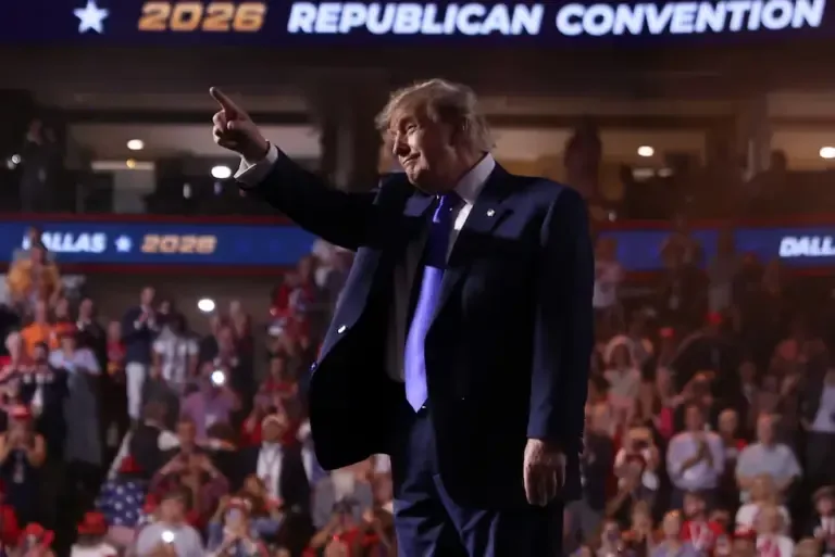 Donald Trump points to the crowd after his speech during the Republican National Midterm Election Convention at the American Airlines Center in Dallas, Texas, on September 9, 2026. (Photo by Blake Fagan / AFP).