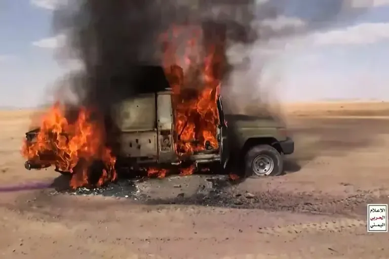 A vehicle of the Saudi-backed forces burns in the Jawf province after a Houthi attack on September 9, 2026. (Photo by ANSARULLAH MEDIA CENTRE / AFP).