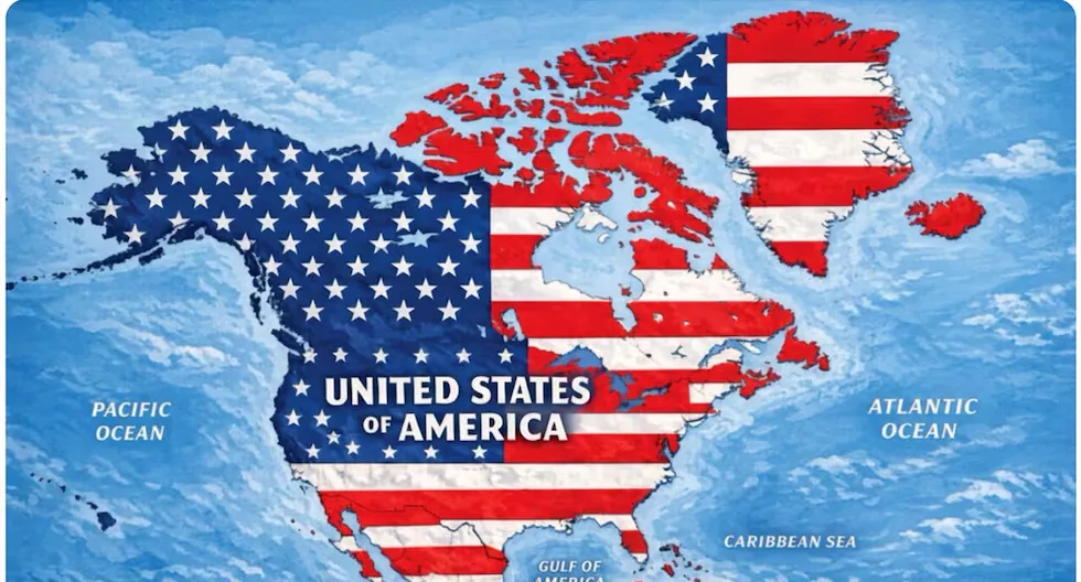 Trump publishes a map in which the United States flag covers Mexico, the Caribbean, and Canada