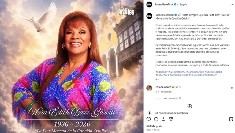 The passing of Edith Barr, at 90 years old, generated heartfelt reactions among colleagues and figures of Peruvian music, who remembered her legacy, friendship, and contribution to national culture. (Photo: Instagram / @losardilesoficial)