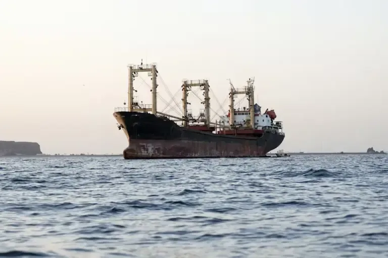 A merchant ship is anchored off the coast of Yemen in Bab el-Mandeb, in the strait connecting the Red Sea with the Gulf of Aden and the Indian Ocean, on September 12, 2026. (Photo by AFP).