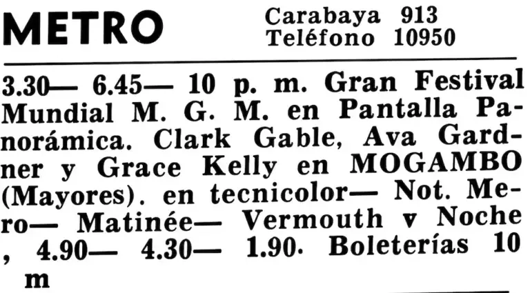 Aviso en el listín cinematográfico de El Comercio de la película 'Mogambo', en febrero de 1954. (Foto: Archivo Histórico de El Comercio)